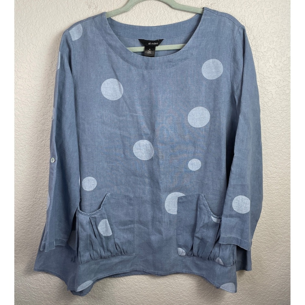 Ali Miles Shirt Womens M Blue Tunic Top Linen Asymmetrical Hem Artsy Lagenlook